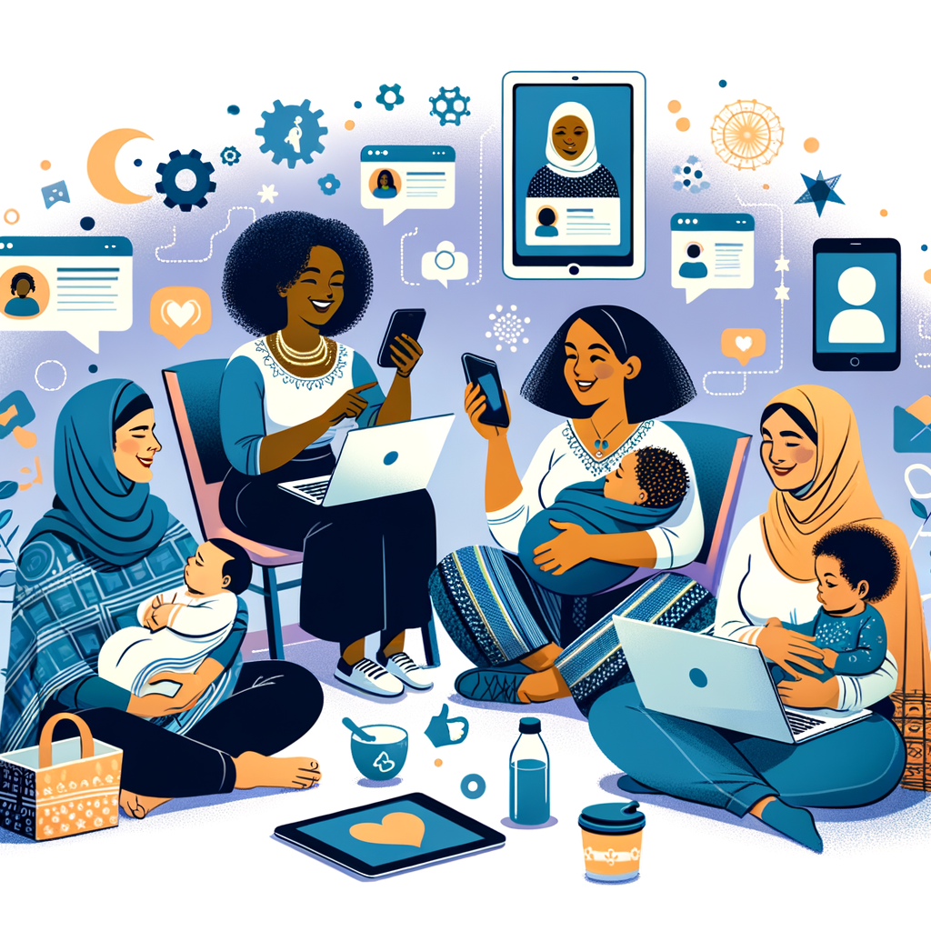 Diverse group of mothers participating in a breastfeeding support group on social media, illustrating the impact of social media on breastfeeding perceptions, maternal health, and parenting.
