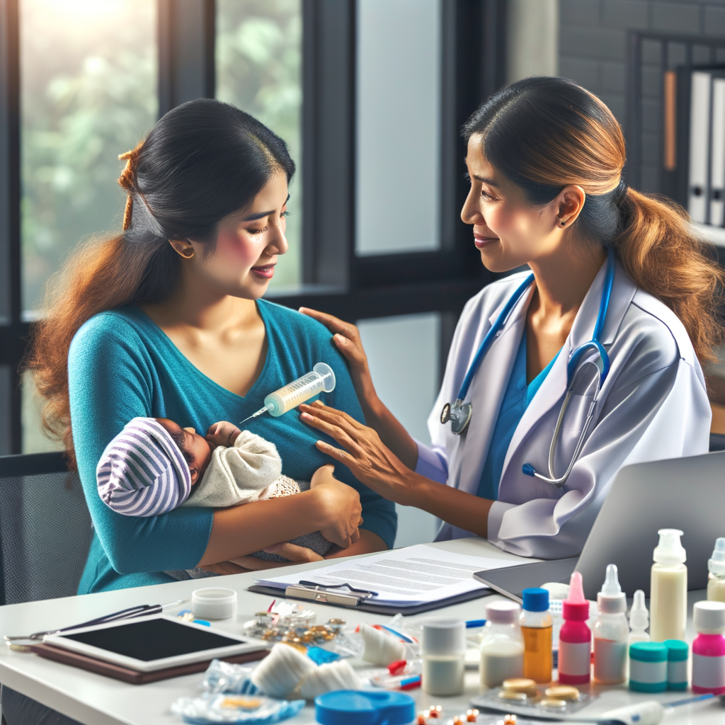 Healthcare professional supporting a resilient mother with chronic illness breastfeeding her newborn, providing guidance and resources for managing chronic disease while breastfeeding