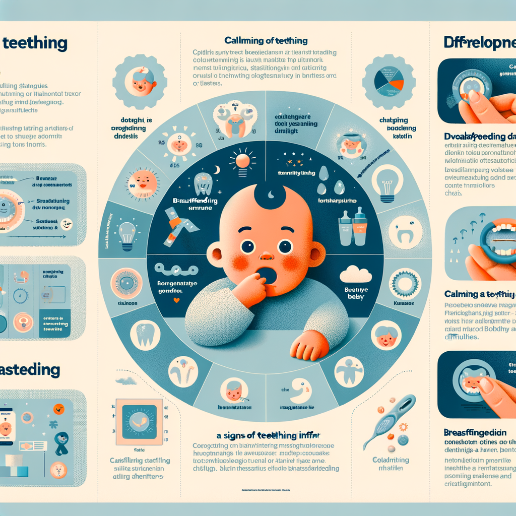 Infographic detailing baby teething stages, symptoms, breastfeeding challenges, and tips for managing teething pain and offering relief during breastfeeding and teething problems.