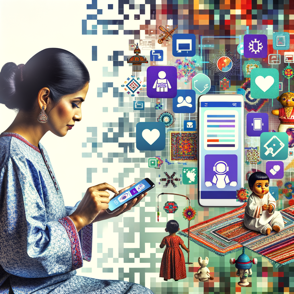 Tech-savvy mother using breastfeeding apps and digital tools on her smartphone and tablet, symbolizing breastfeeding in the digital age and modern parenting