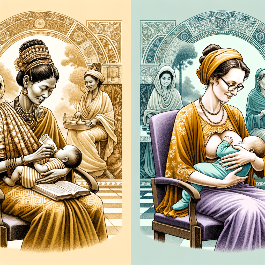 Ancient and modern mother demonstrating traditional and current breastfeeding practices, showcasing the relevance of historical lactation methods and ancient breastfeeding techniques in today's maternal practices.