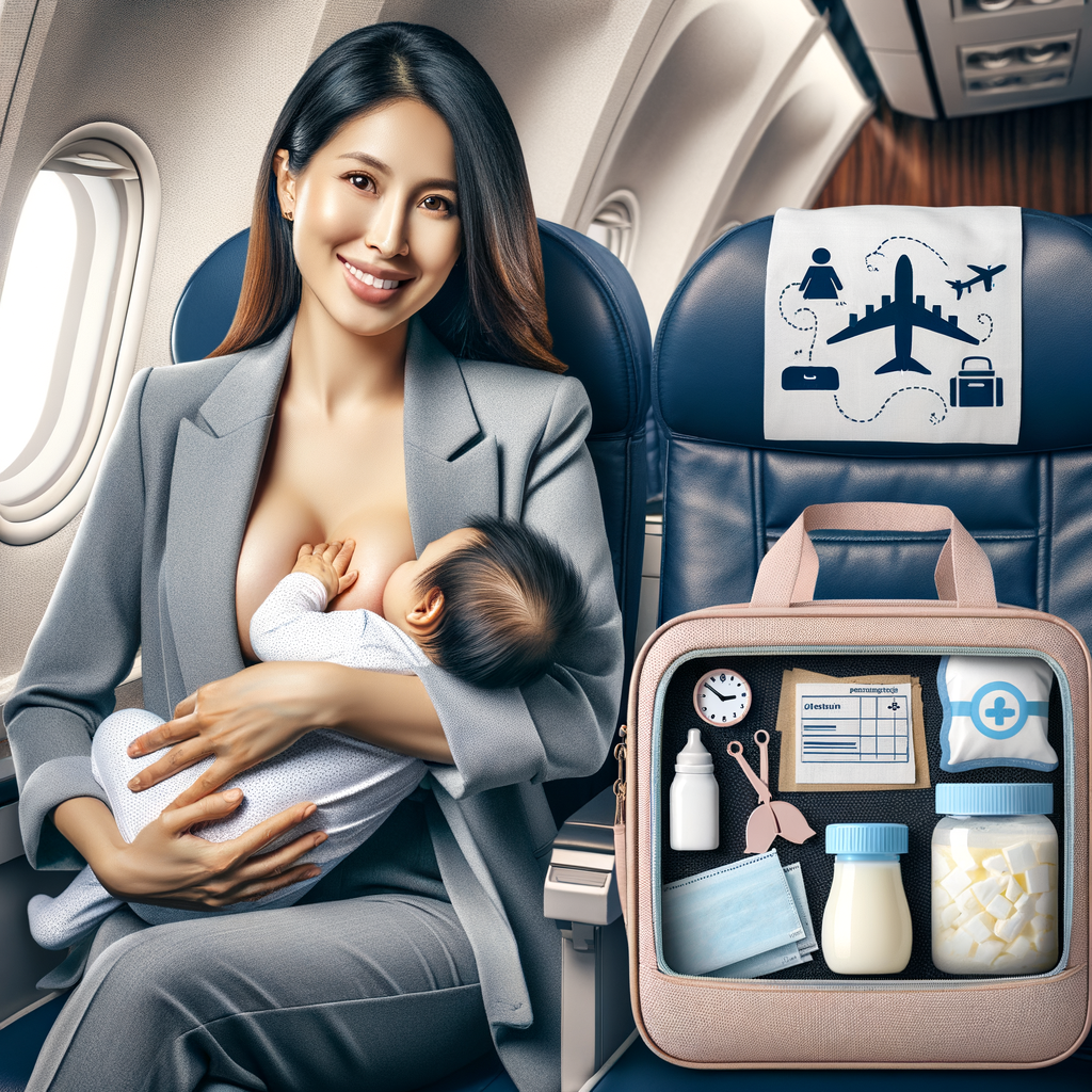 Mother confidently breastfeeding baby on airplane, illustrating practical breastfeeding advice for travel and travel tips for nursing mothers, with a bag of essential items for managing breastfeeding during trips