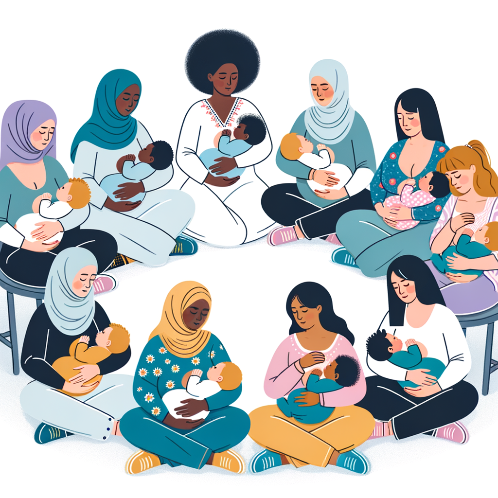 Diverse mothers in a breastfeeding support group, highlighting the power of community, the benefits and challenges of breastfeeding, and the importance of community support in the breastfeeding journey.