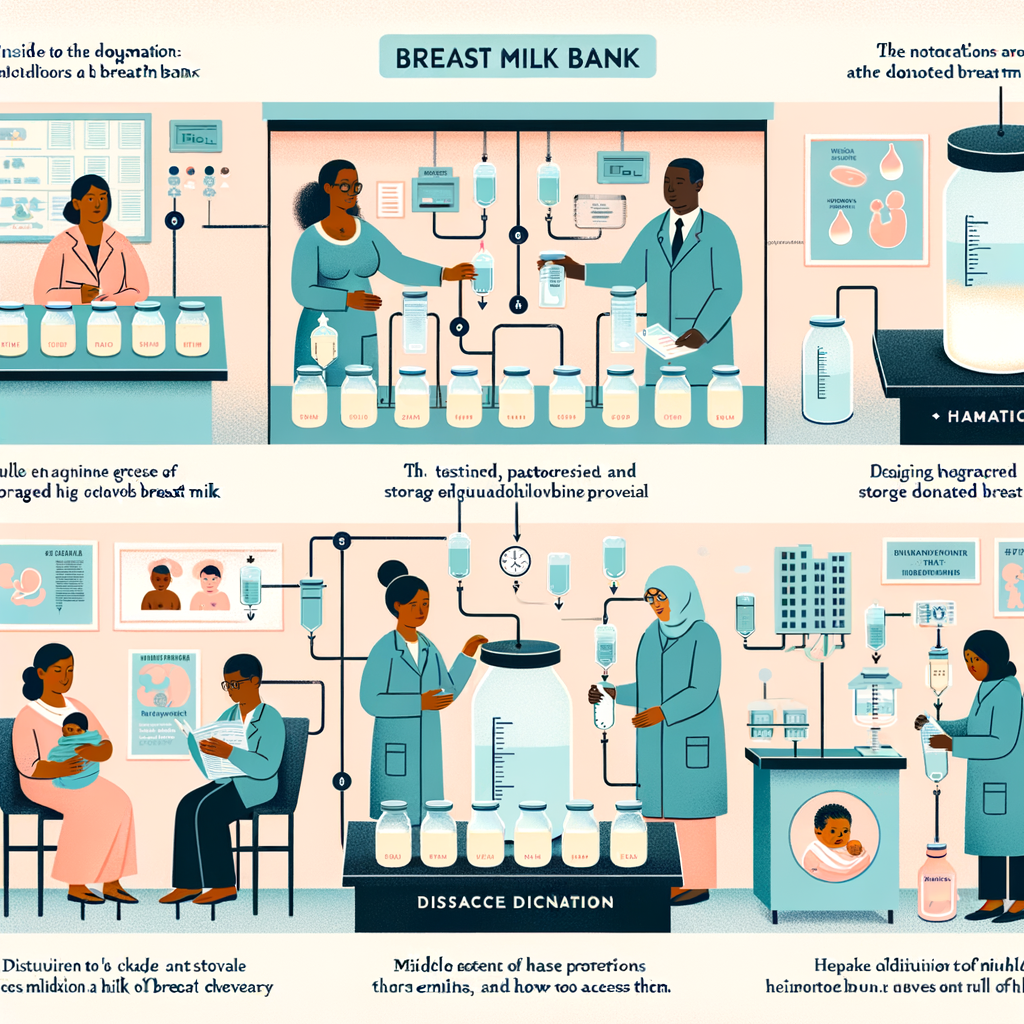 Infographic illustrating the working of Breast Milk Banks, the benefits, breast milk donation process, storage methods, recipients, importance, various locations, and how to access them.