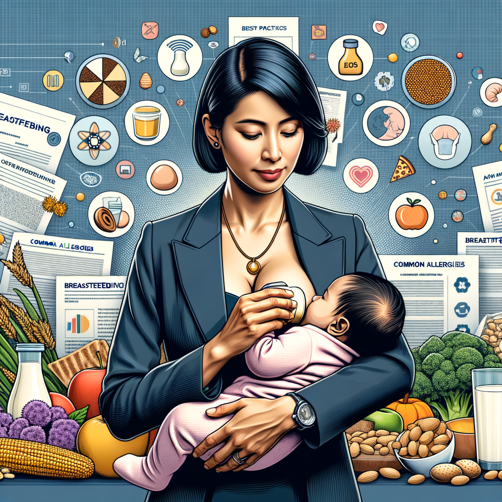 Mother breastfeeding infant while studying breastfeeding tips, highlighting breastfeeding benefits, allergy prevention, and the impact of mother's diet on infant health, with research papers on allergies in infants and breastfeeding in the background.