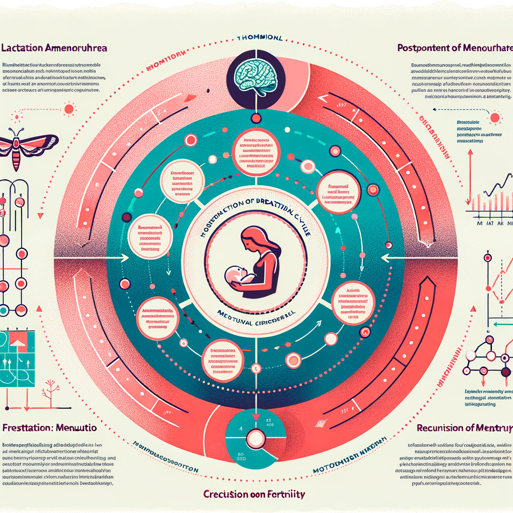 Infographic illustrating the impact of breastfeeding on menstrual cycle, highlighting lactation amenorrhea, delayed menstruation due to breastfeeding, postpartum menstruation, and the connection between breastfeeding and fertility.