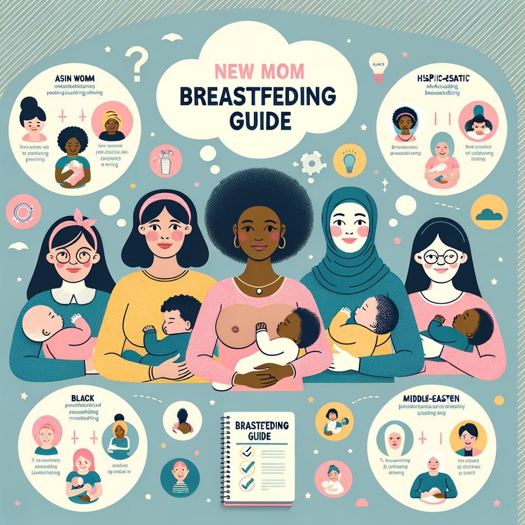 Diverse group of new moms breastfeeding babies, debunking breastfeeding myths and revealing breastfeeding facts, with a New Mom Breastfeeding Guide and infographics providing breastfeeding tips and advice