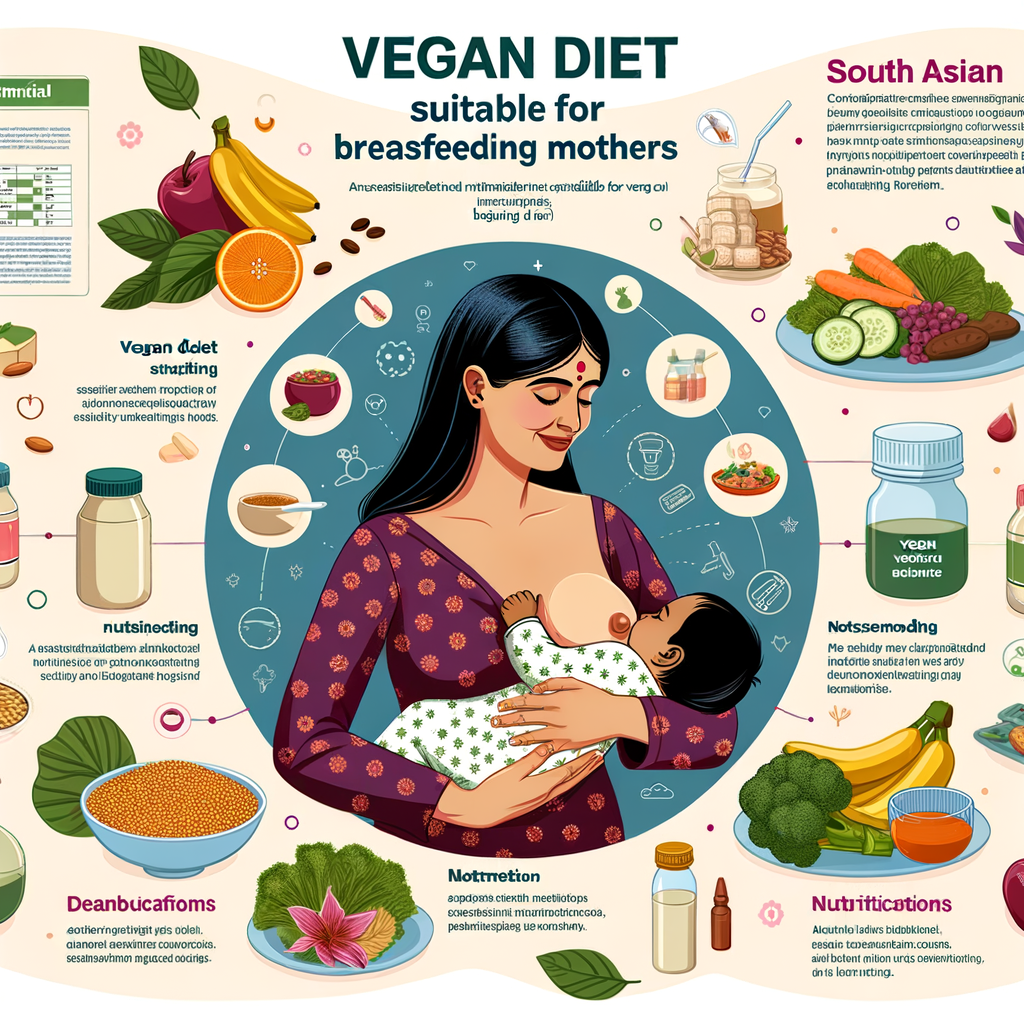 Infographic of a healthy breastfeeding vegan mother with a variety of plant-based foods, nutritional supplements for vegan breastfeeding, and a vegan breastfeeding nutrition guide, illustrating the connection between veganism and lactation for nursing mothers.